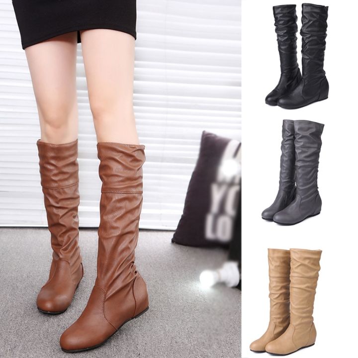 codff51906at-women-knee-high-pu-leather-flat-boots-mid-calf-biker-booties-slouch-boots-shoes