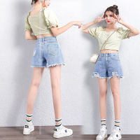 กางกงยีนส์ขาสั้น ผู้หญิง เอวสูง สวย Women Summer Sexy High Waist Denim Jeans Shorts Front Buttonhole Destructed Hot Pants