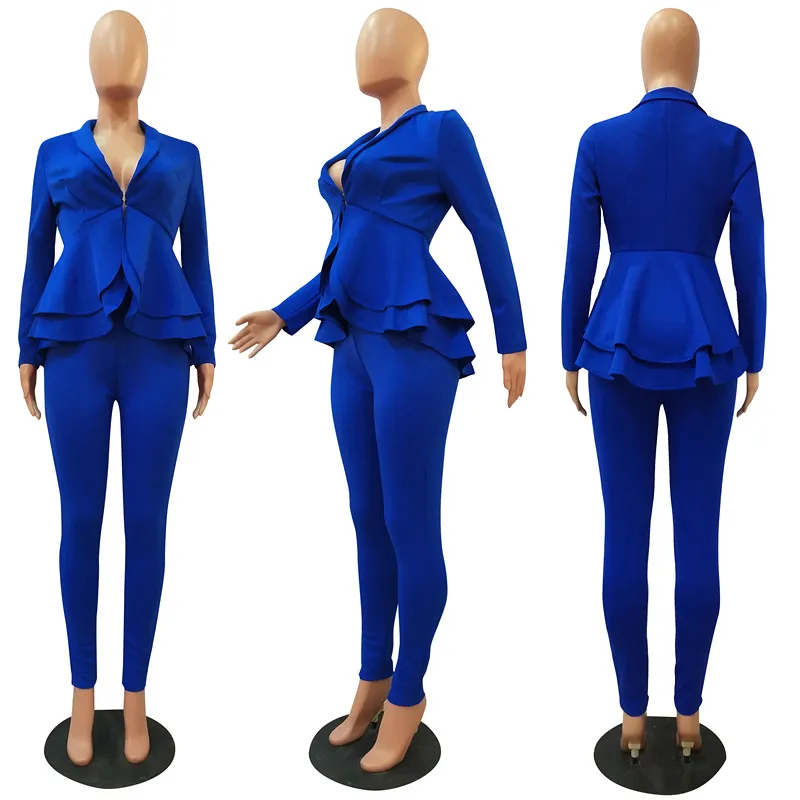 Women Winter Women's set Tracksuit Full Sleeve Ruffles Blazers Pants Suit  Two Piece Set Office Lady business wear uniform GL610