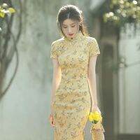 กระโปรง Cheongsam เกรดดีเยี่ยมสีเหลือง Usastudio พร้อมสไตล์ใหม่ของฤดูร้อนและสไตล์สาธารณรัฐจีน502D123ใหม่สไตล์จีนพร้อมแยกจบและย้อนยุค