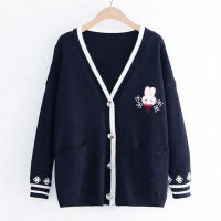 AZYT 2021 Cartoon Embroidery Rabbit Knit Cardigan Female Autumn Winter Loose Knitwear Women Sweater V Neck Cardigan Jacket Women