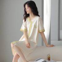 A generation of summer cotton V-neck short-sleeved nightdress womens home drawer cool skirt breathable and comfortable pajamas top