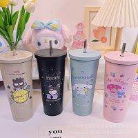 Sanrioed Anime Cinnamoroll Melody Kuromi ความจุสูงสแตนเลสกระติกน้ำร้อน Kawaii Straw Cup กาแฟถ้วยชาขวดน้ำ