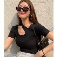 Irregular belly button exposed short-sleeved black short-sleeved T-shirt top women