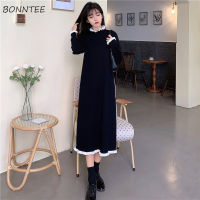 Women Long Sleeve Dress Patchwork Ruffled Collar Elegant Simple Female All-match Knitted Dresses Retro Leisure Loose Streetwear