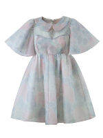 YENKYE 2023ผู้หญิง Tie ย้อมพิมพ์ er Pan Collar Organza ชุด Flare แขนสั้นสุภาพสตรีฤดูร้อน Princesss Mini Robe Fairy