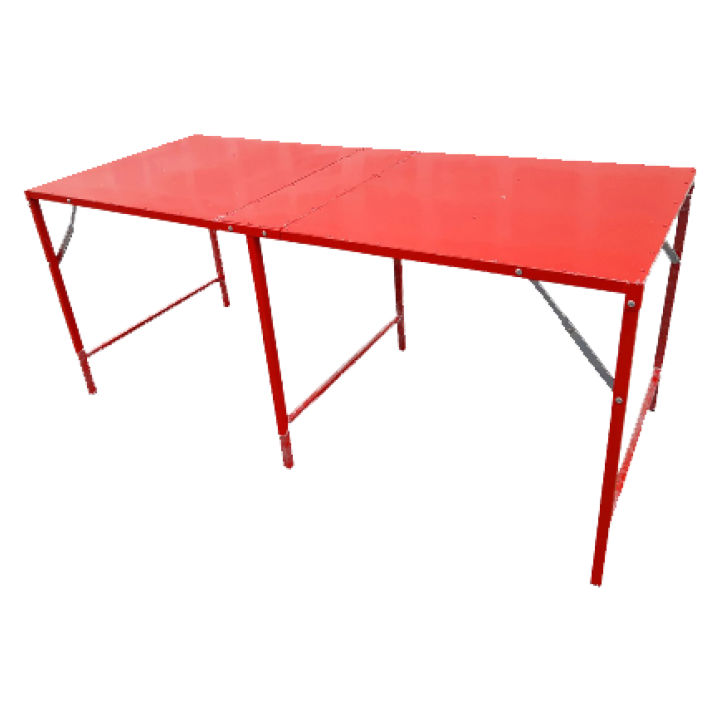 โต๊ะเหล็กพับ-ติดแผ่นเมทัลชีท-สีแดง-ขนาด-75-178-75-ซม-พับเก็บได้สะดวก-พร้อมจุกยางรองขาโต๊ะ