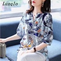 Luxqlo เสื้อนอกลายดอกไม้ขนาดใหญ่พิเศษสำหรับผู้หญิงแฟชั่นใหม่แขนสั้นลำลองหลวมเสื้อคอวีฤดูร้อน