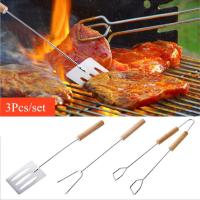 3Pcs Stainless Steel BBQ Tools Sets Wooden Handle Grilled Chicken Steak Fork Turners Tongs Camping Barbecue Cooking Tools