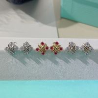 3สีหรูหรา Brilliant Cut Diamonds Cross ดอกไม้ Schlumberger Mini Stud ต่างหู18K Gold Plated 925 Silver Earstuds ไม่เป็นสนิมไม่จางหาย