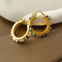 2023 Genuine  Qingdao copper-plated real gold European and American retro contrasting color geometric round earrings niche ear buckles high-end natural stone earrings