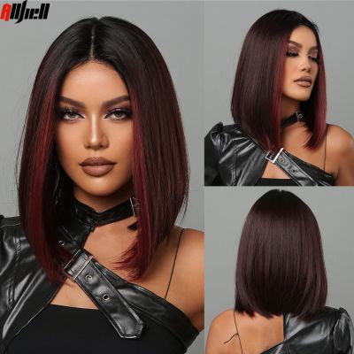 【jw】卍  Medium Length Synthetic Wigs Middle Part Wine Highlights Straight Wig Resistant for
