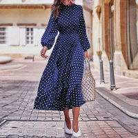 CVYATAYA Boho Lantern Long Sleeves Polka Dot Printed Midi Dress Women Elegant Vintage Stand Collar Split Autumn Dress Robe Femme