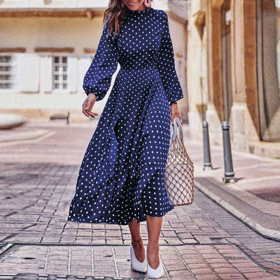 Boho Lantern Sleeve Polka Dot Printed Long Dress Women Elegant Vintage Stand Collar Long Sleeves Autumn Dress Plus Size