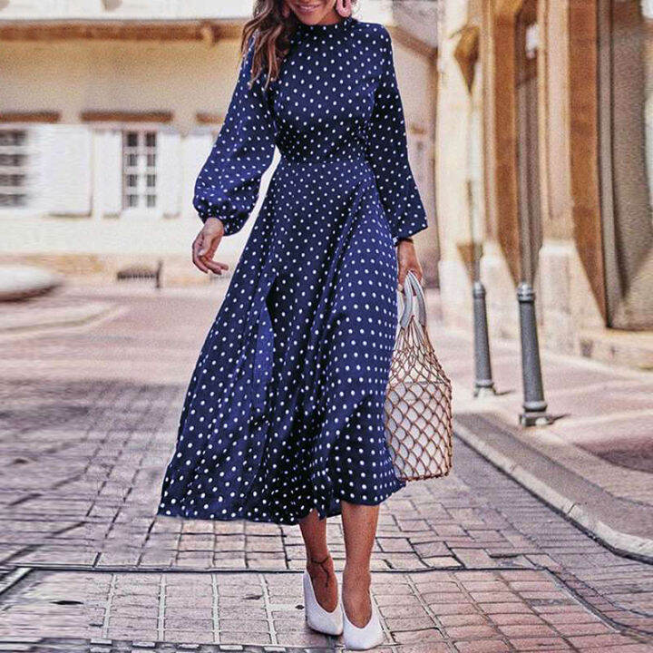 boho-lantern-sleeve-polka-dot-printed-long-dress-women-elegant-vintage-stand-collar-long-sleeves-autumn-dress-plus-size