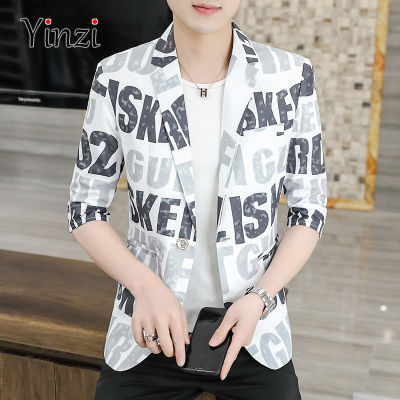 ❏♧ hnf531 Summer Mens 3/4 Sleeve Blazer Korean Fashion Slim Fit Plaid Suit Jackets Men
