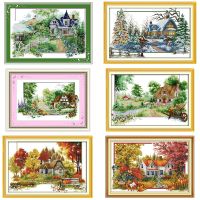 【hot】 Four Seasons Scenery Landscape Pattern 14CT 11CT Embroidery Set Needlework Decoration Painting