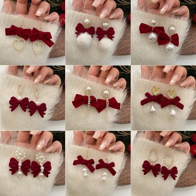 [COD] flocking bowknot earrings womens foreign style high-end sense 2022 new trendy autumn and winter year
