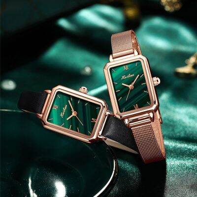 ⌚นาฬิกาสอบของผู้หญิงที่มีอารมณ์นาฬิกาผู้หญิงย้อนยุค Malachite จานสี่เหลี่ยมขนาดเล็กแท้ Jam Tangan Hijau สี่เหลี่ยมขนาดเล็ก