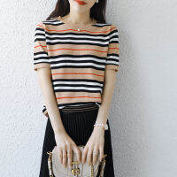 2021 Spring And Summer New Short-Sleeved Woman O-neck Striped Pullover Vest Slim Fashion Knitted Bottoming T-Shirt Large Size