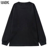 Suikone เสื้อยืดสีทึบเชือกรูดสำหรับผู้ชาย,เสื้อยืดแขนยาวคอกลมหลวมลำลองเรียบง่าย