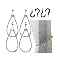 Curtain Tiebacks Rope Curtain Tiebacks Ropes Metal Holders Cord for Thin or Thick Window Drapes 4 Pack Curtain Holdbacks with 4 Metal Screw Hooks Silver