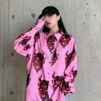 QWEEK Harajuku Shirt Women Emo Print Blouse Grunge Korean Style Button Up Shirt Ladies 2021 Anime Blouses Gothic Clothes Ulzzang