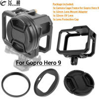 For Gopro 11 10 9 Metal Frame Cage Rig for GoPro Hero Action Camera Accessories w 52mm UV Filter Mount Adapter