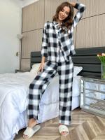 Autumn Spring Womens Pajamas Sets Ladies Clothes Long-sleeved Home Wear Suit Winter Plaid Print Tops &amp; Trousers Sleepwear Cloth