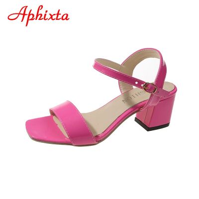 Aphixta รองเท้าหนังสายรัดข้อเท้าเปิดนิ้วเท้าขนาดพลัสไซส์46,รองเท้ารองเท้าแตะสำหรับผู้หญิงส้นสี่เหลี่ยมขนาด5ซม. รองเท้าแตะสีเขียวฟลูออเรสเซนต์