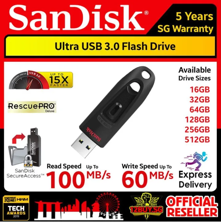 SanDisk Ultra USB 3.0 Flash Drive 100MB/s Read 60MB/s Write Speed 32GB 64GB 128GB 256GB 512GB CZ48 12BUY | Lazada Singapore