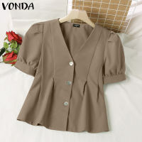 VONDA เสื้อลำลองผู้หญิงคอวีกระดุมจีบแขนสั้นพัฟแขนเสื้อ (สาเหตุเกาหลี) 2 #