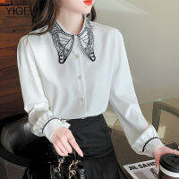 YIGE เสื้อเบลาส์ปักลายโบว์สีตัดกัน,แฟชั่นฝรั่งเศสอารมณ์ฤดูใบไม้ผลิแบบใหม่