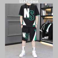 SEATUEMA ชุดกีฬาสำหรับผู้ชาย Summer Slim แขนสั้นกางเกงขาสั้นสองชิ้นผู้ชายหล่อ