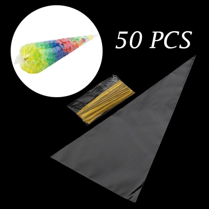bqgbg63511-50ชิ้นแฟชั่นสำหรับงานปาร์ตี้กระเป๋ากระดาษแก้วแบบใสทรงกรวยซีลถุงใสถุงขนมขบเคี้ยวกระเป๋าลูกกวาดพลาสติก