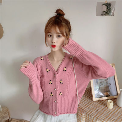 OCEANLOVE Floral Pink Sweaters Women Autumn Slim Short Kawaii Mujer Chaqueta Girls Sweet Cardigans Korean Fashion Clothing 17852
