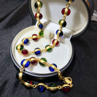 ยุโรปและอเมริกาย้อนยุควงกลมสีแก้วชุดโซ่กระดูกไหปลาร้า vintage อุตสาหกรรมหนักชุบทองแท้ Fashion Chain Necklaces