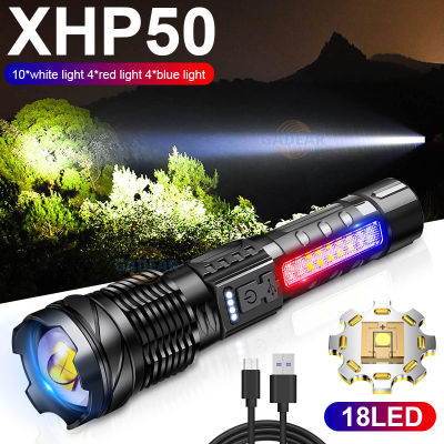XHP50 Flashlight ไฟฉายสปอตไลท์ ไฟฉายแรงสูง แท้ ไฟฉายยุทธวิธี แรงสูงชาร์จ 18650แบตเตอรี่ USB ไฟฉายแบบชาร์จ สว่างมาก ปรับได้ กันน้ำ ไฟฉายสว่างมากๆ โหมด ไส้ตะเกียง 200W 1000M