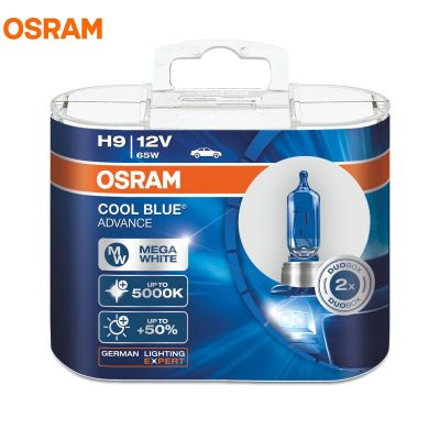 62213CBA H9 OSRAM 5000K 12V 65W สีน้ำเงินเย็นหลอดไฟฮาโลเจนล่วงหน้าซีนอนเมกา + 50% สว่างกว่า Hi/Lo โคมไฟรถ (2ชิ้น)