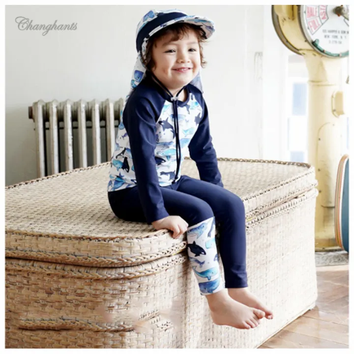 Boys Rash Guards Long Sleeve Swimsuit for Kids with Sunny Hat Two