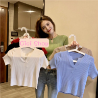 Cici(8899-1)BASIC V TOPเสื้อแขนสั้นคอวีร่องเล็ก ใส่แล้วไม่ร้อน