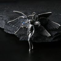 Fashion Silver Color Angel Goddess Pendant Necklace Moonstone Six Winged Angel Long Chain Neck Hip Hop Jewelry for Men Women Fashion Chain Necklaces