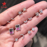 SZWL 7 Pairs Ear Stud Delicate Artificial Gemstone Inlaid Earrings Love Star Moon Square Shape Elegant Set