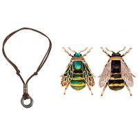 Men Retro Leather Cord Necklace Double Circle Ring Pendant &amp; Insect Animal Enamel Brooches Bee Alloy Pins Bee