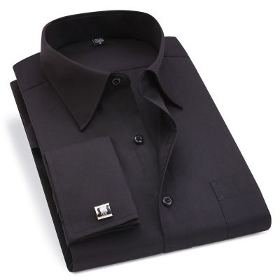 HOT11★Classic Black French Cufflinks Mens Business Dress Long Sleeve Shirt Lapel Men Social Shirt 4XL 5XL 6XL Regular Fit