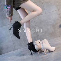 Korean style side zipper rhinestone short boots women pointed stiletto bow high heels new Martin boots women