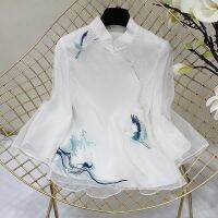 【CW】Vintage Ethnic Style Tang Suit Shirt Crane Embroidery Chinese Harajuku Tops Women 2022 Eleganti Loose White Blue Hanfu Blous