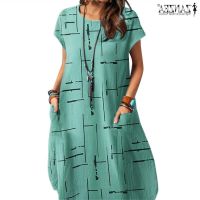 COD DSTGRTYTRUYUY ZANZEA Women Retro Casual Short Sleeve Loose Waist Party Beach Mini Dress