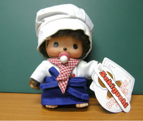 มอนชิชิ-monchhichi-ชุดพ่อครัว-มอนชิชิเด็ก-bebichhichi-สูง-5-นิ้ว-โดย-sekiguchi-ญี่ปุ่น-เสื้อและหมวกมีคราบด่าง