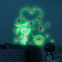 ZZOOI Cartoon Pink Rabbit Luminous Stickers Fluorescent Heart Decals Glow In The Dark Wall Stickers For Kids Rooms Bedroom Home Decor